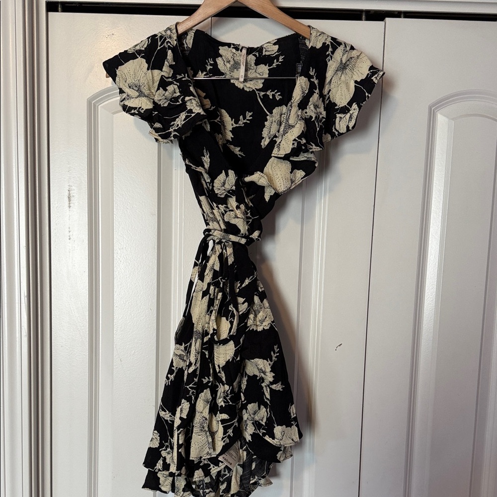 Free People Asymmetrical Floral Dress in Black and Cream